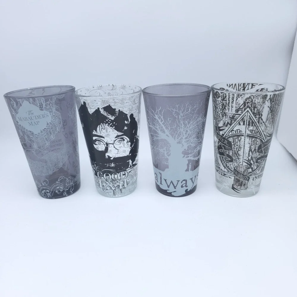 Harry Potter Pint Glass Set 4pc 16oz. Marauder's Map Deathly Hallows Always Gift